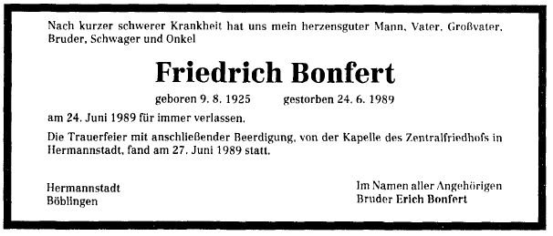 Bonfert Friedrich 1925-1989 Todesanzeige